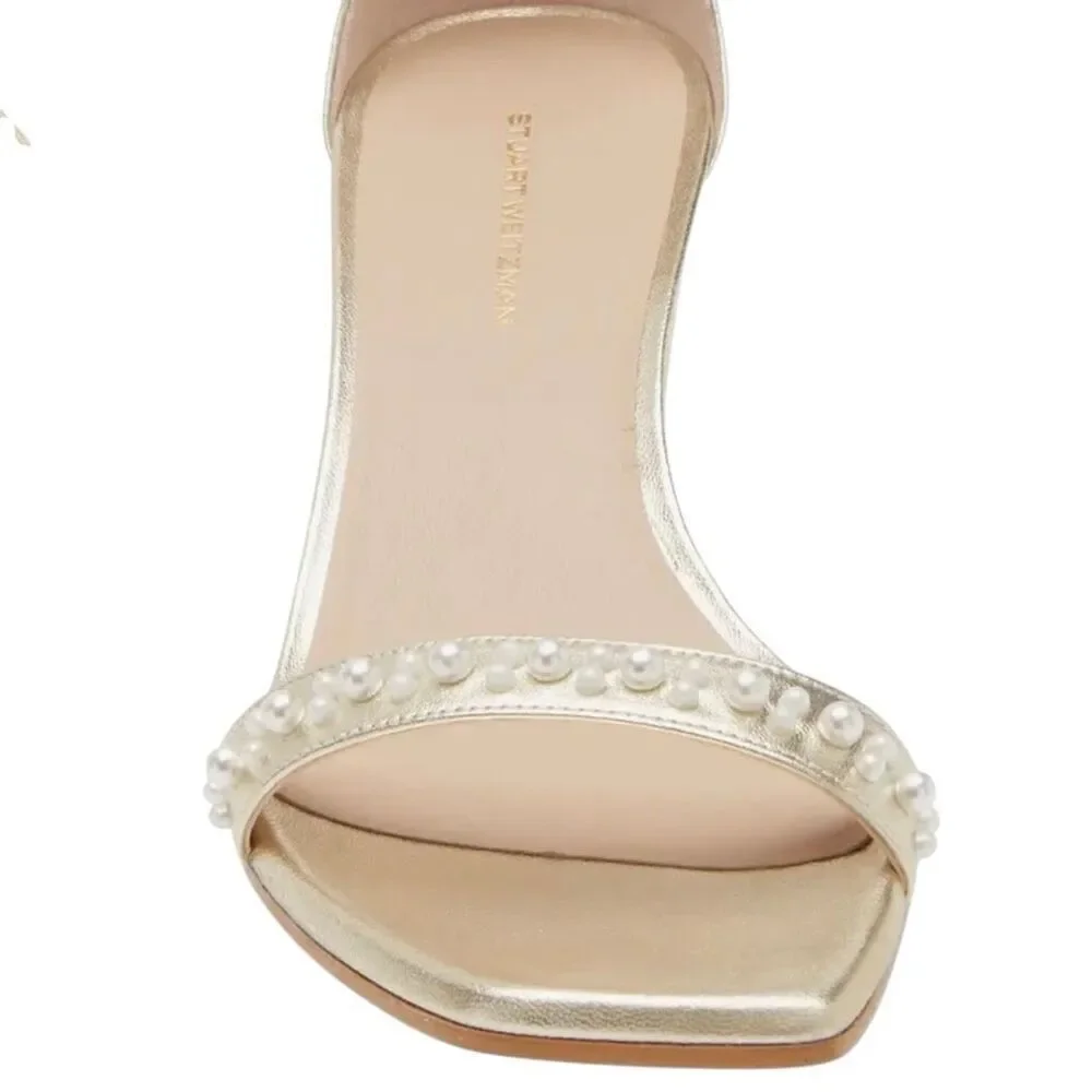 New Stuart Weitzman Pearl Leather Wedge ankle strap square toe sandal 8